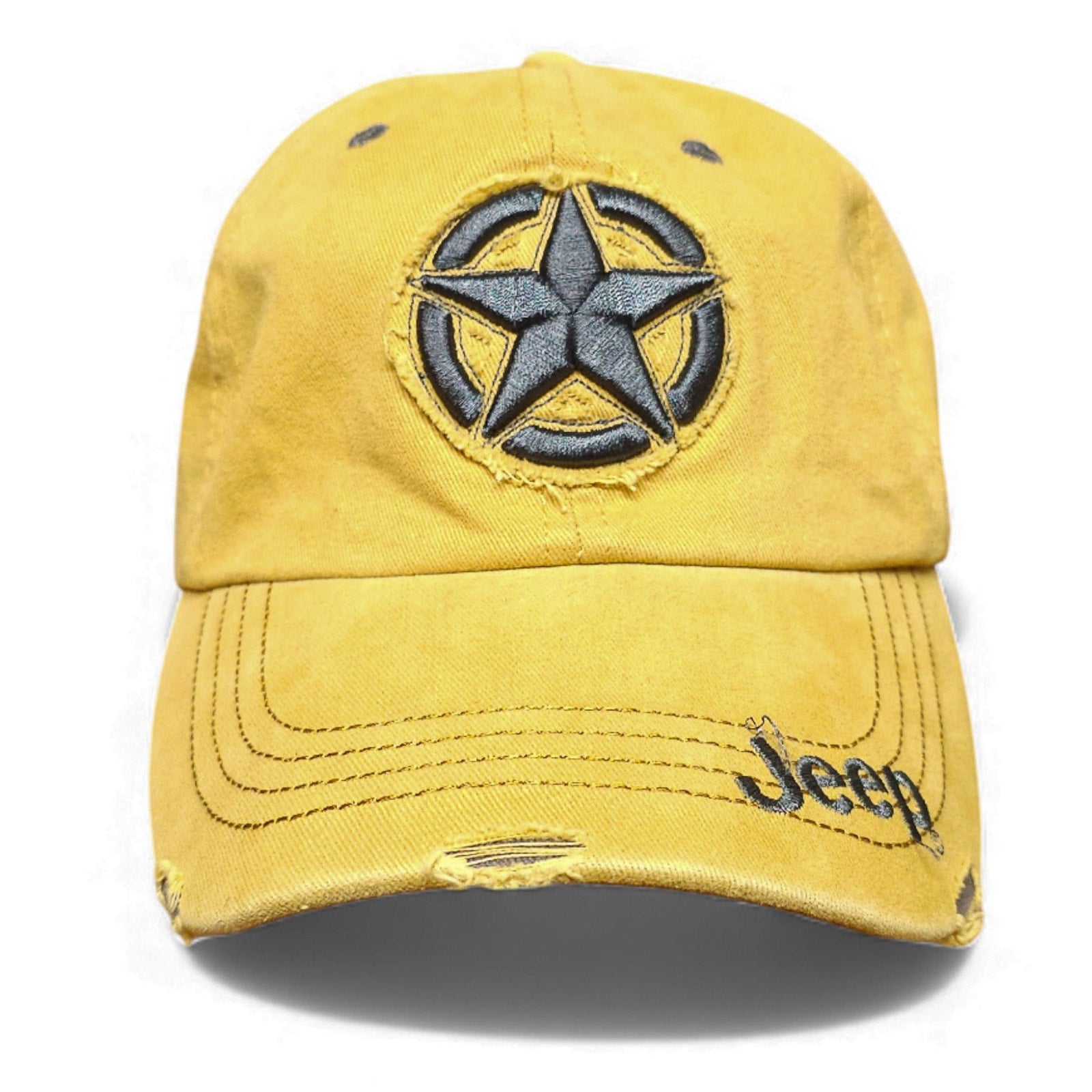 Jeep Hat Distressed Adult Adjustable Cap 3D Stitch Star Jeep Logo Yellow by Jeep