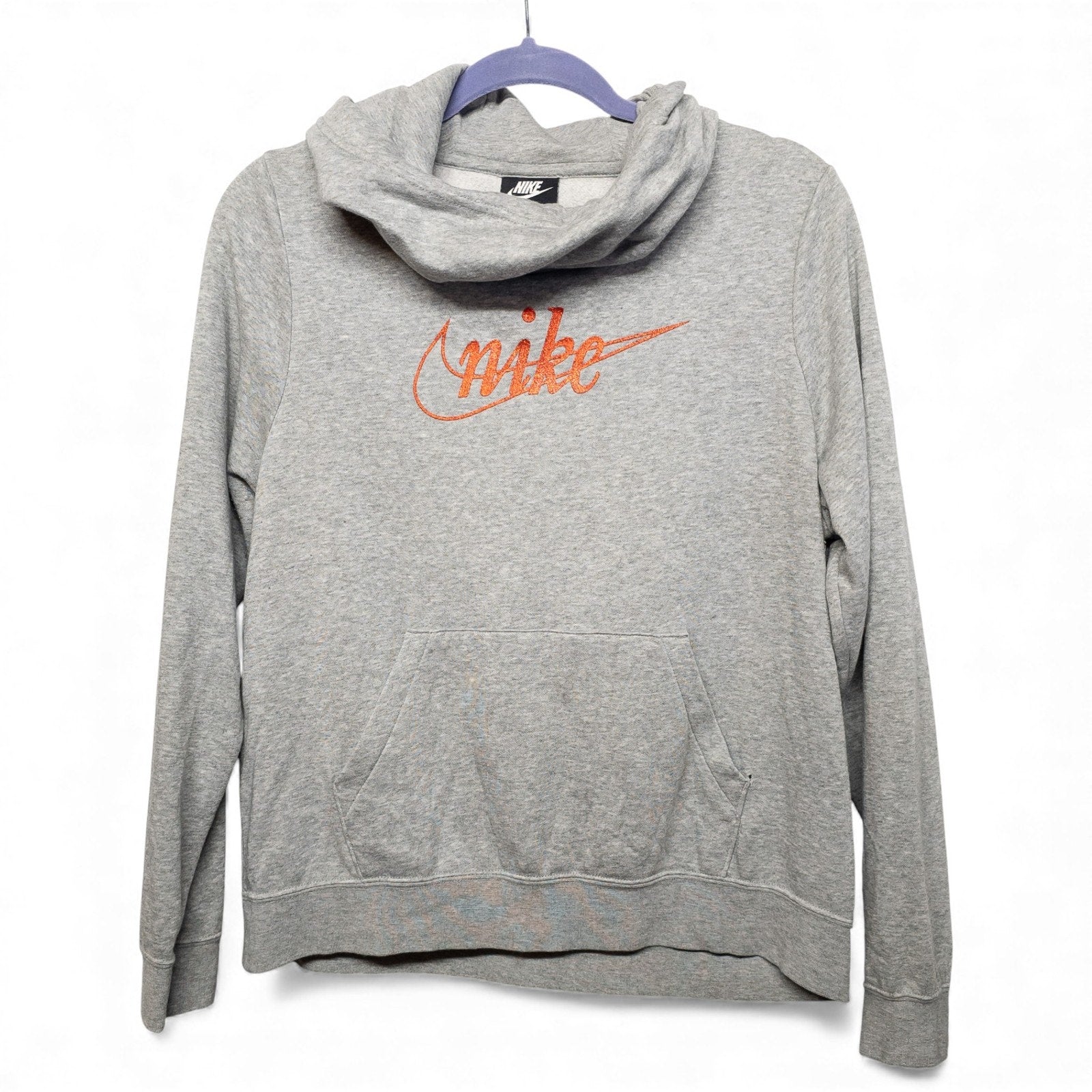 Nike Grey/Red Glitter Swoosh Funnel-Neck Fleece Hoodie Women’s - M by Nike