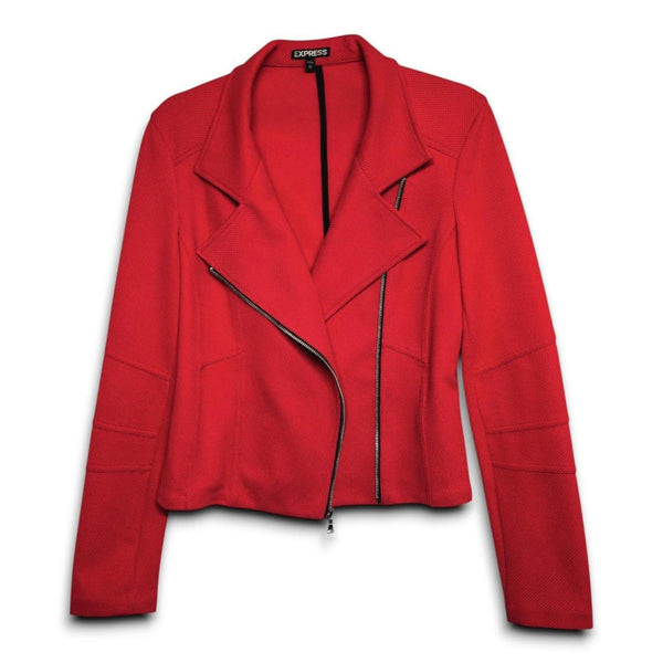 Express Women Red Textured Moto Jacket Zipper Detail Collar Size Large
