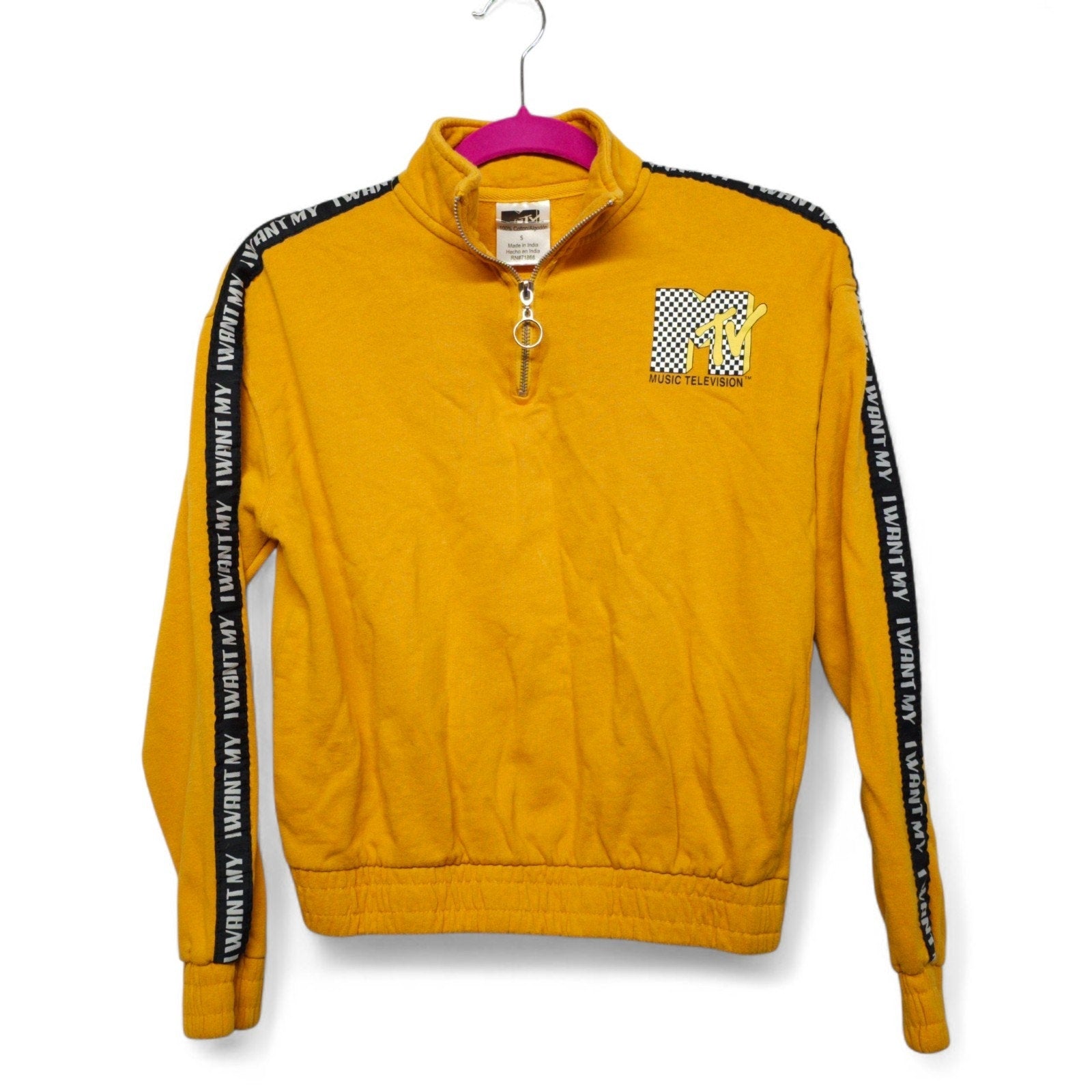 Retro VTG 90s MTV I Want My Logo Pullover Sweater 1/4 Zip Yellow Womens S by MTV