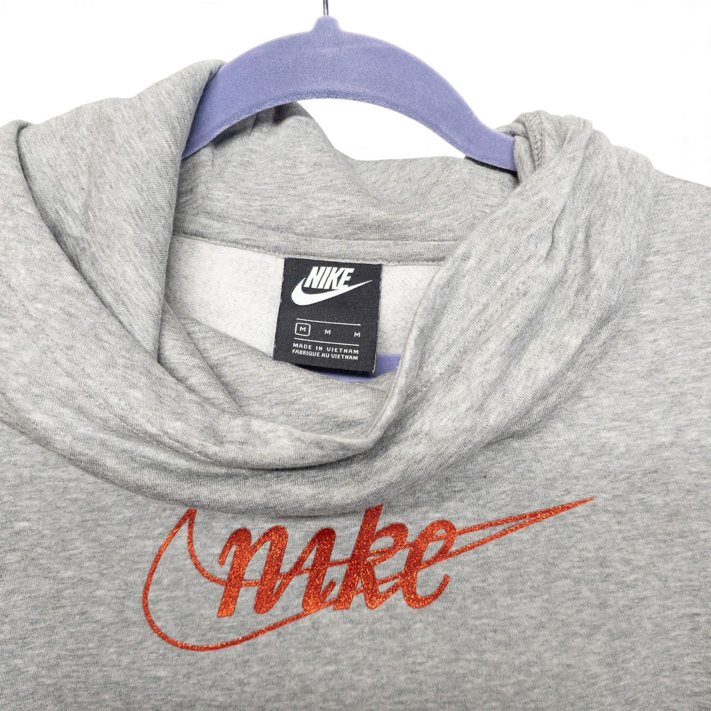 Nike Grey/Red Glitter Swoosh Funnel-Neck Fleece Hoodie Women’s - M by Nike