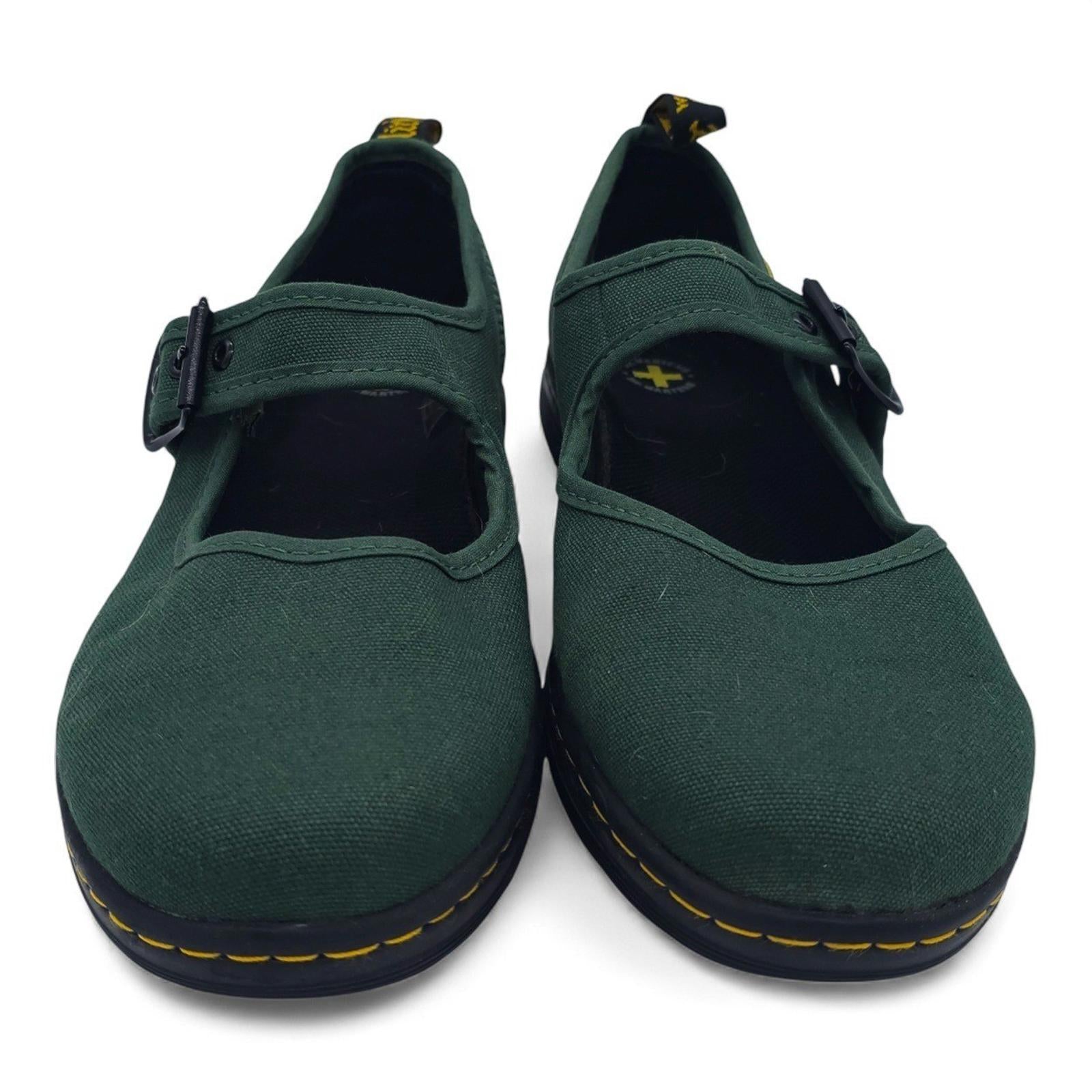 Dr Martens Mary Jane Shoes Green Canvas Buckle Strap AirWair Size 10