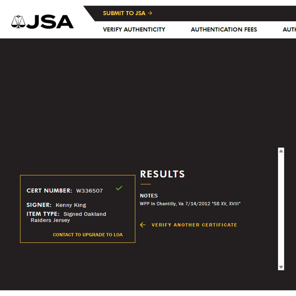 Kenny King - Signed Oakland Raiders Jersey - JSA Cert W336507 Adult L by NFL