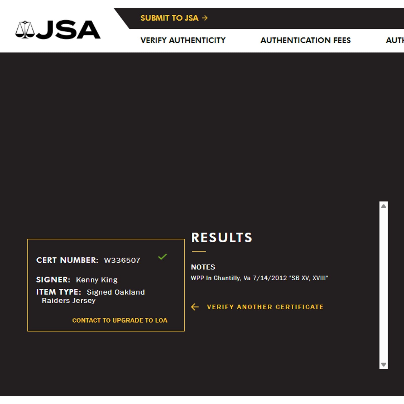 Kenny King - Signed Oakland Raiders Jersey - JSA Cert W336507 Adult L by NFL