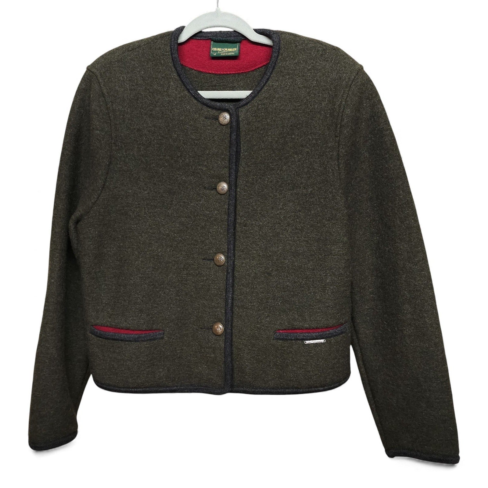 Vintage GEIGER Sweater Cardigan Tyrol Boiled Pure Wool Button Green Womens 42 by Geiger