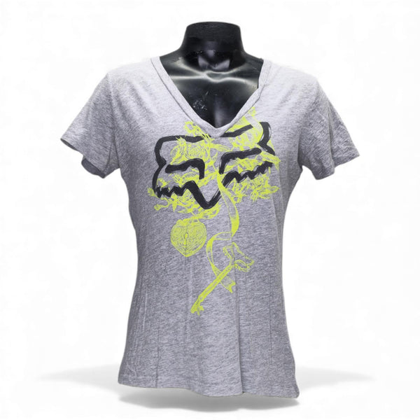Vintage Y2K Fox Racing Women's Gray Short Sleeve V-Neck T-Shirt