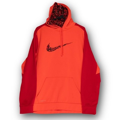 Nike Therma-FIT Hoodie Mens Large Orange Red Camo Swoosh Pullover Sweatshirt Exc