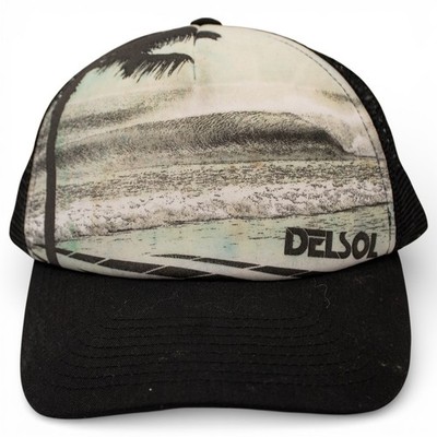 Del Sol Trucker Hat Black Mesh Snapback Beach Scene Palm Tree OSFM Good