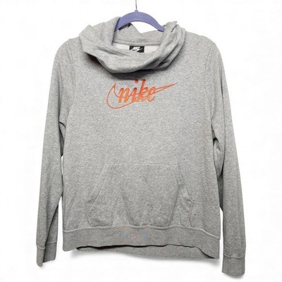 Nike Cowl Neck Hoodie Women's M Gray Fleece Pullover Orange Logo Sweatshirt Good