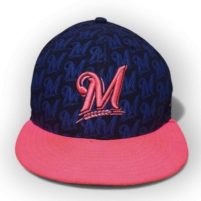 Vintage New Era Milwaukee Brewers MLB 59FIFTY Fitted Hat Size 7 Pink Brim Excell