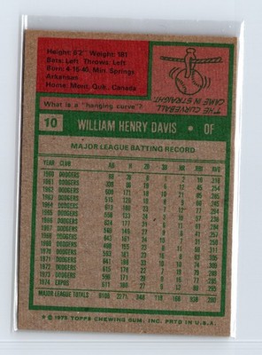 1975 Topps Baseball - SET BREAK - #10 Willie Davis - Image 2
