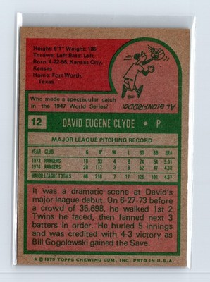 1975 Topps Baseball - SET BREAK - #12 David Clyde - Image 2