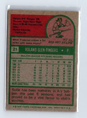 1975 Topps Baseball - SET BREAK - #21 Rollie Fingers (HOF) - Image 2