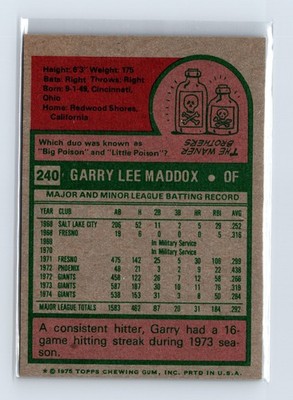 1975 Topps Baseball - SET BREAK - #240 Garry Maddox - Image 2