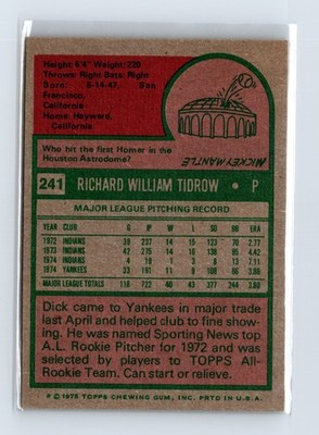 1975 Topps Baseball - SET BREAK - #241 Dick Tidrow - Image 2