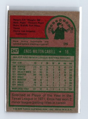 1975 Topps Baseball - SET BREAK - #247 Enos Cabell - Image 2