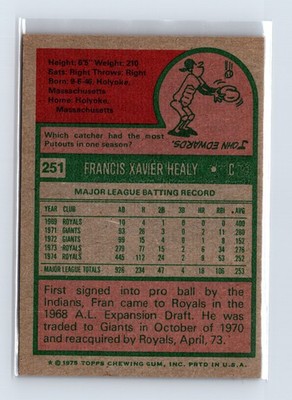 1975 Topps Baseball - SET BREAK - #251 Fran Healy - Image 2