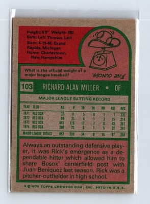 1975 Topps Baseball - SET BREAK - #103 Rick Miller - Image 2