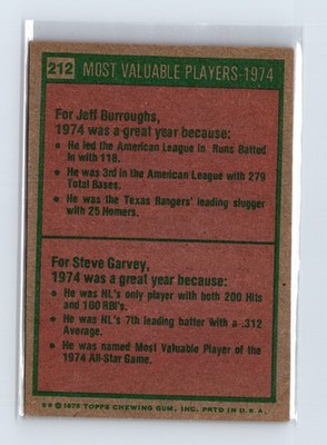 1975 Topps Baseball - SET BREAK - #212 1974 MVPs Burroughs Garvey - Image 2