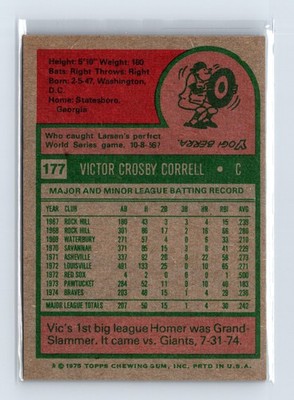 1975 Topps Baseball - SET BREAK - #177 Vic Correll (RC) - Image 2
