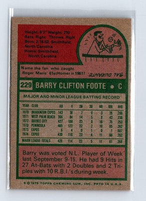 1975 Topps Baseball - SET BREAK - #229 Barry Foote - Image 2