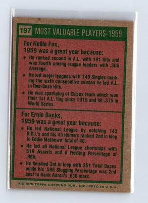 1975 Topps Baseball - SET BREAK - #197 1959 MVPs Fox Banks (HOF) - Image 2
