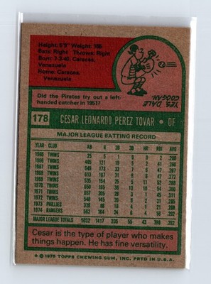 1975 Topps Baseball - SET BREAK - #178 Cesar Tovar - Image 2