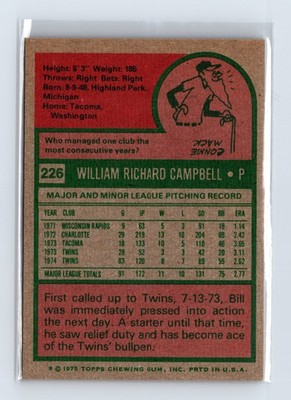 1975 Topps Baseball - SET BREAK - #226 Bill Campbell - Image 2