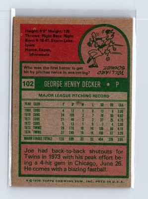 1975 Topps Baseball - SET BREAK - #102 Joe Decker - Image 2