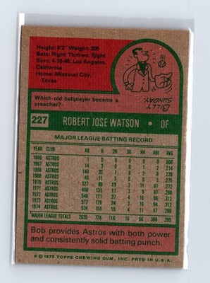 1975 Topps Baseball - SET BREAK - #227 Bob Watson - Image 2