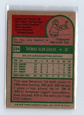 1975 Topps Baseball - SET BREAK - #234 Tom Grieve - Image 2