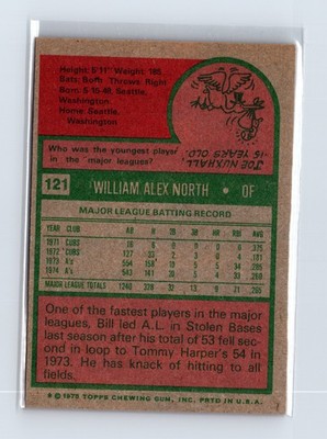 1975 Topps Baseball - SET BREAK - #121 Bill North - Image 2