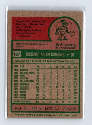 1975 Topps Baseball - SET BREAK - #167 Rich Coggins - Image 2