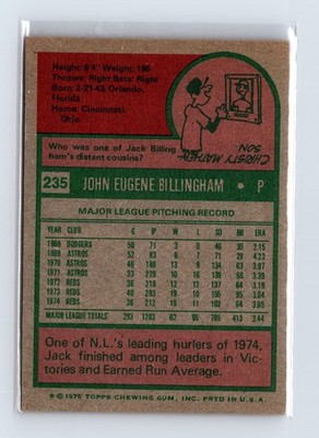 1975 Topps Baseball - SET BREAK - #235 Jack Billingham - Image 2