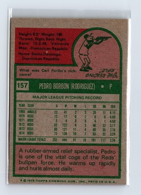 1975 Topps Baseball - SET BREAK - #157 Pedro Borbon - Image 2