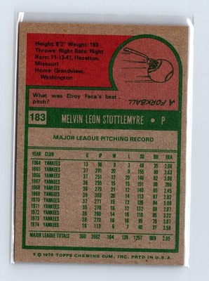 1975 Topps Baseball - SET BREAK - #183 Mel Stottlemyre - Image 2