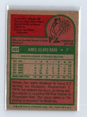1975 Topps Baseball - SET BREAK - #107 Jim Barr - Image 2