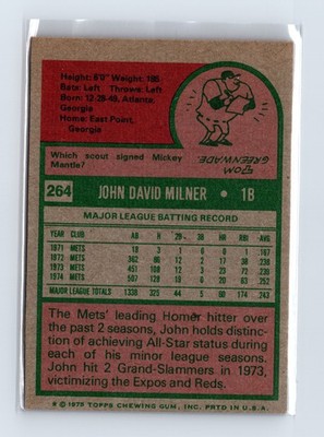 1975 Topps Baseball - SET BREAK - #264 John Milner - Image 2