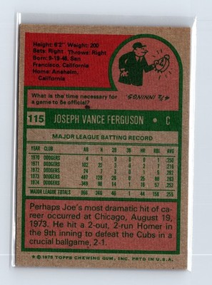1975 Topps Baseball - SET BREAK - #115 Joe Ferguson - Image 2