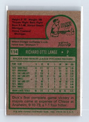 1975 Topps Baseball - SET BREAK - #114 Dick Lange - Image 2