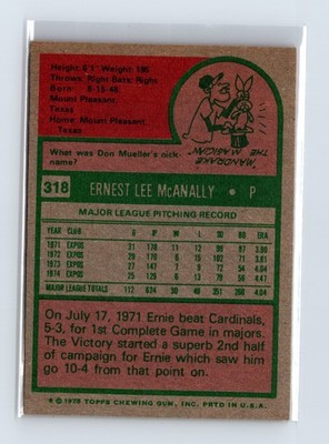 1975 Topps Baseball - SET BREAK - #318 Ernie McAnally - Image 2