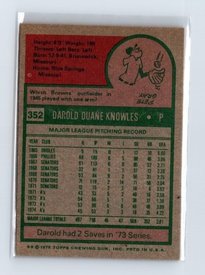 1975 Topps Baseball - SET BREAK - #352 Darold Knowles - Image 2