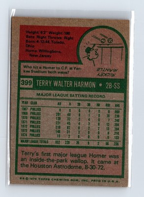 1975 Topps Baseball - SET BREAK - #399 Terry Harmon - Image 2