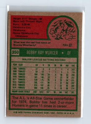 1975 Topps Baseball - SET BREAK - #350 Bobby Murcer - Image 2