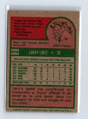1975 Topps Baseball - SET BREAK - #416 Larry Lintz - Image 2