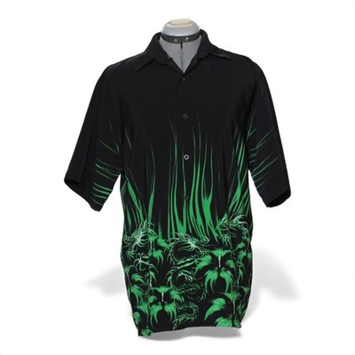 Shaolin Shirt Authentic Men's XL Black Green Dragon Flame Short Sleeve Button Up