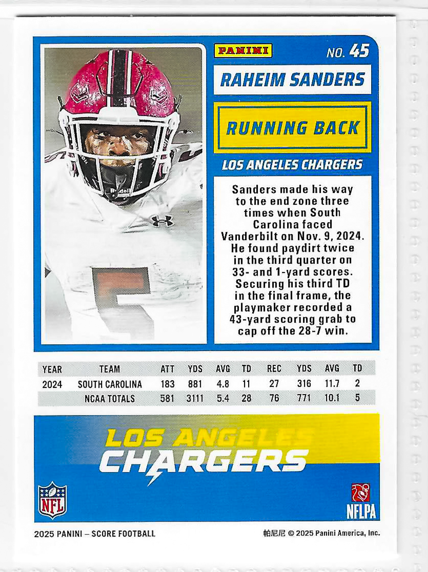 2025 Score - Rookies Raheim Sanders #45 (RC) - Image 2