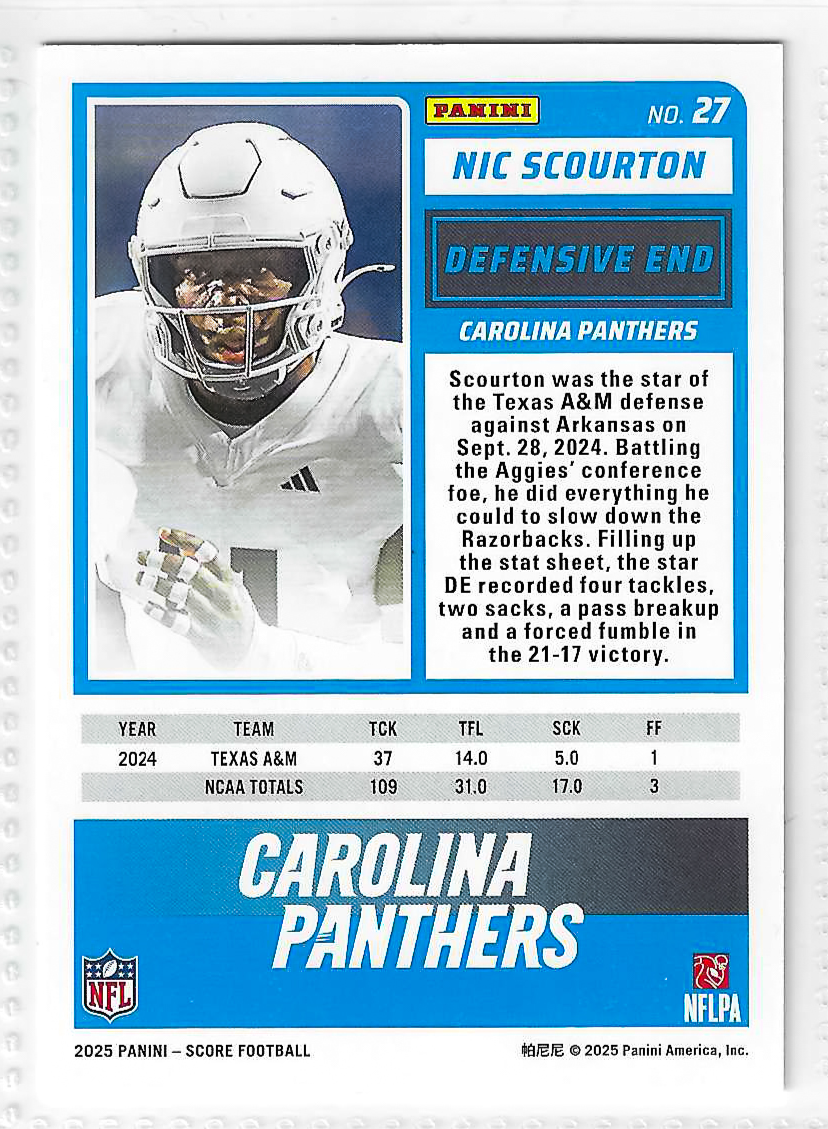 2025 Score - Rookies Nic Scourton #27 (RC) - Image 2