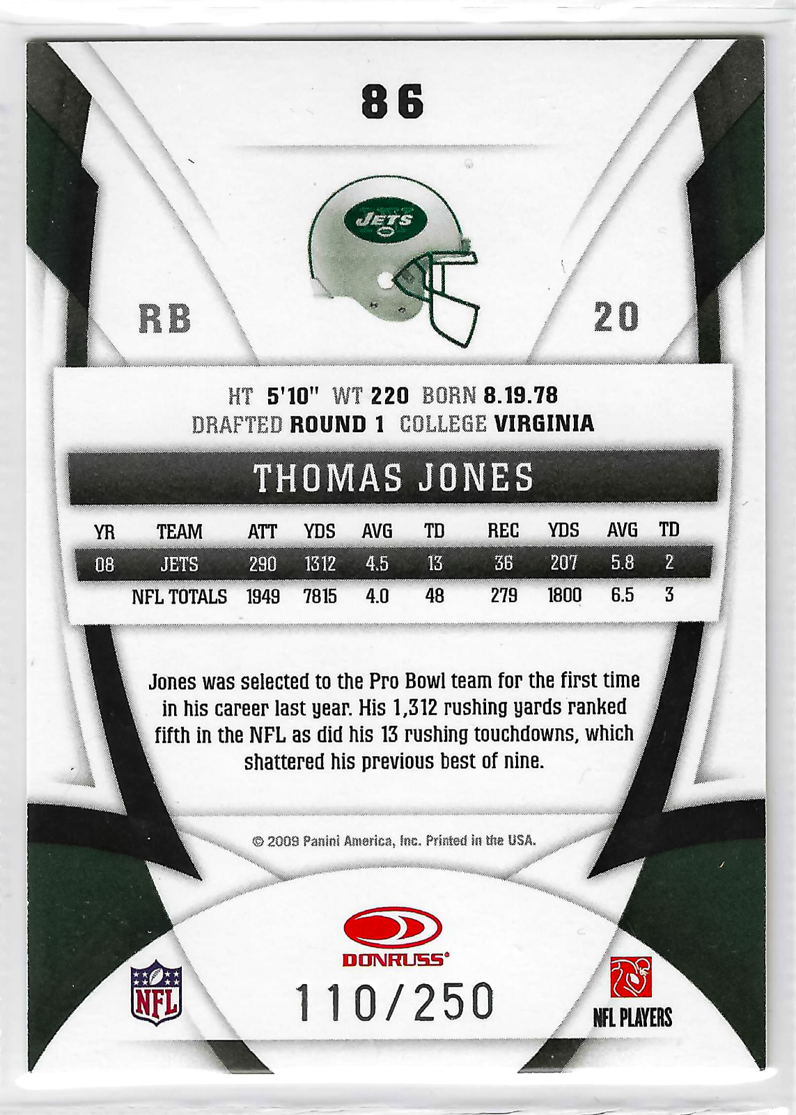 2009 Certified - Thomas Jones #86 Mirror Red /250 - Image 2