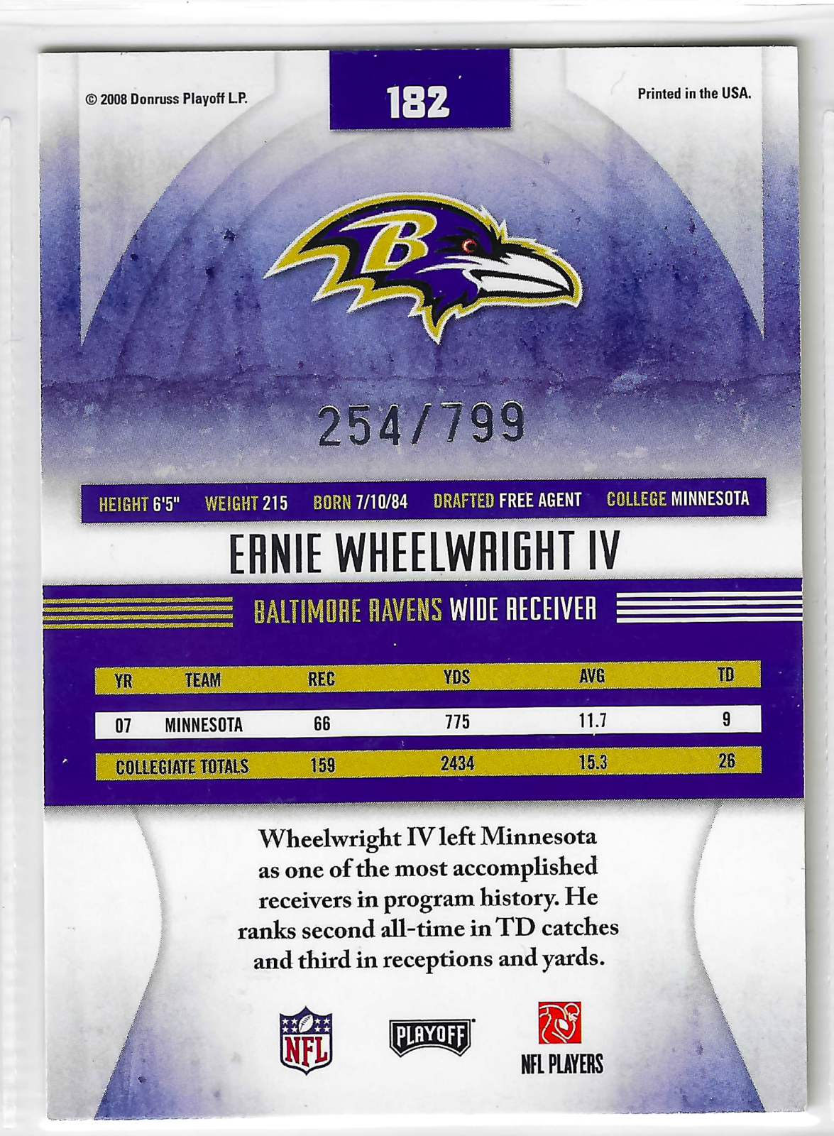 2008 Playoff Absolute Memorabilia - Rookie Ernie Wheelwright IV #182 /799 (RC) - Image 2